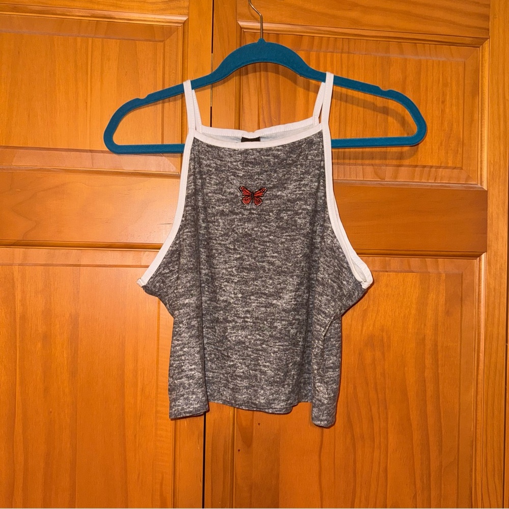 Gray Sleeveless Top with Butterfly Embroidery